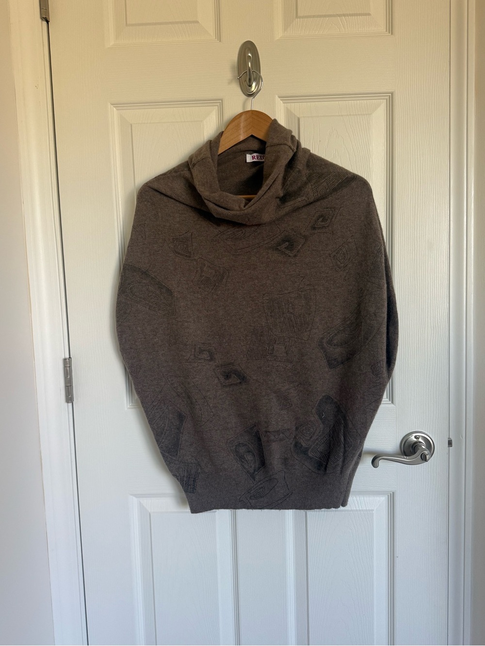 Red Cowl Neck Knit Sweater Dolman Short Sleeve And Banded Bottom Taupe Angora